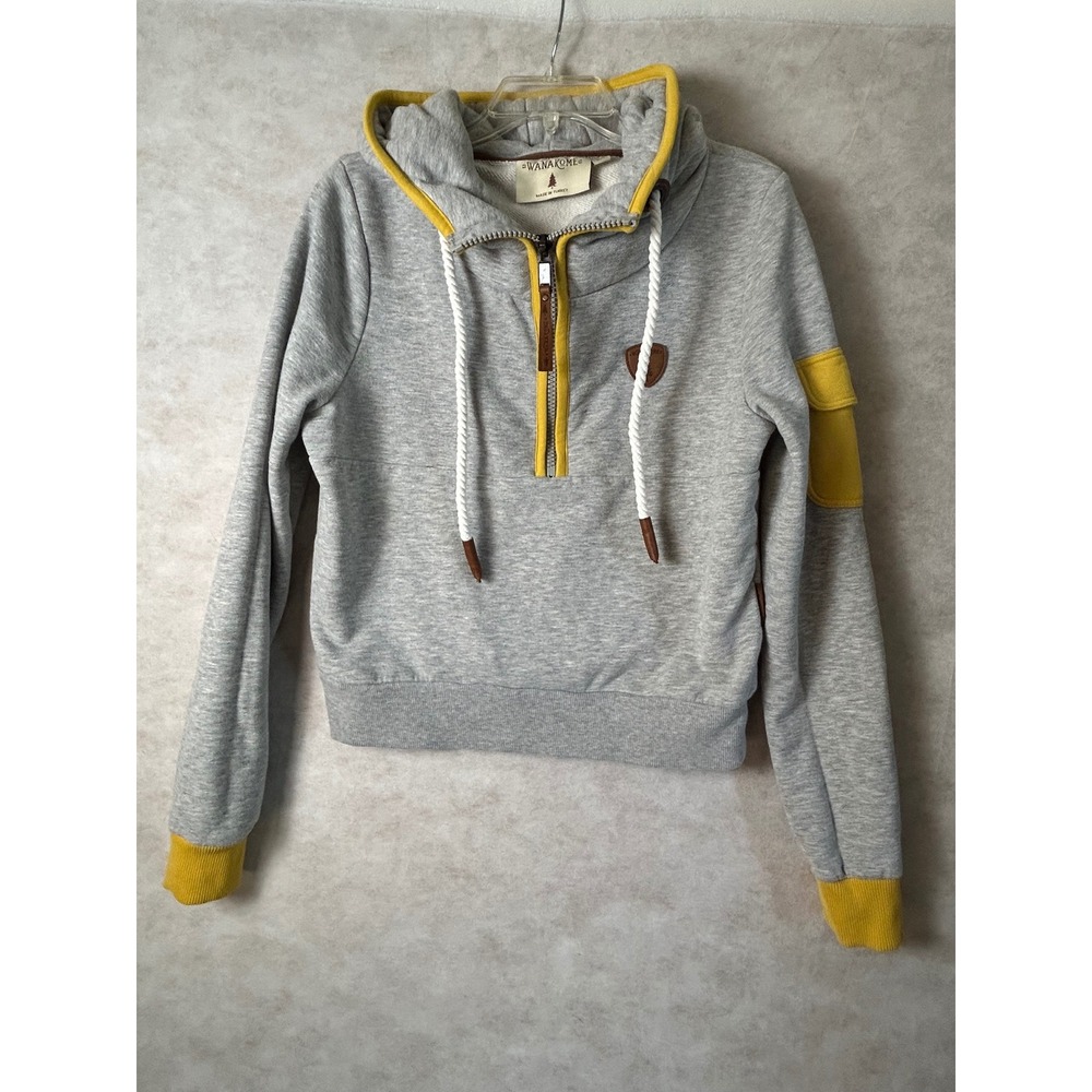 Wanakome Hestia Hoodie Womens L Gray Yellow Quarter Zip Rope Drawstring Pullover